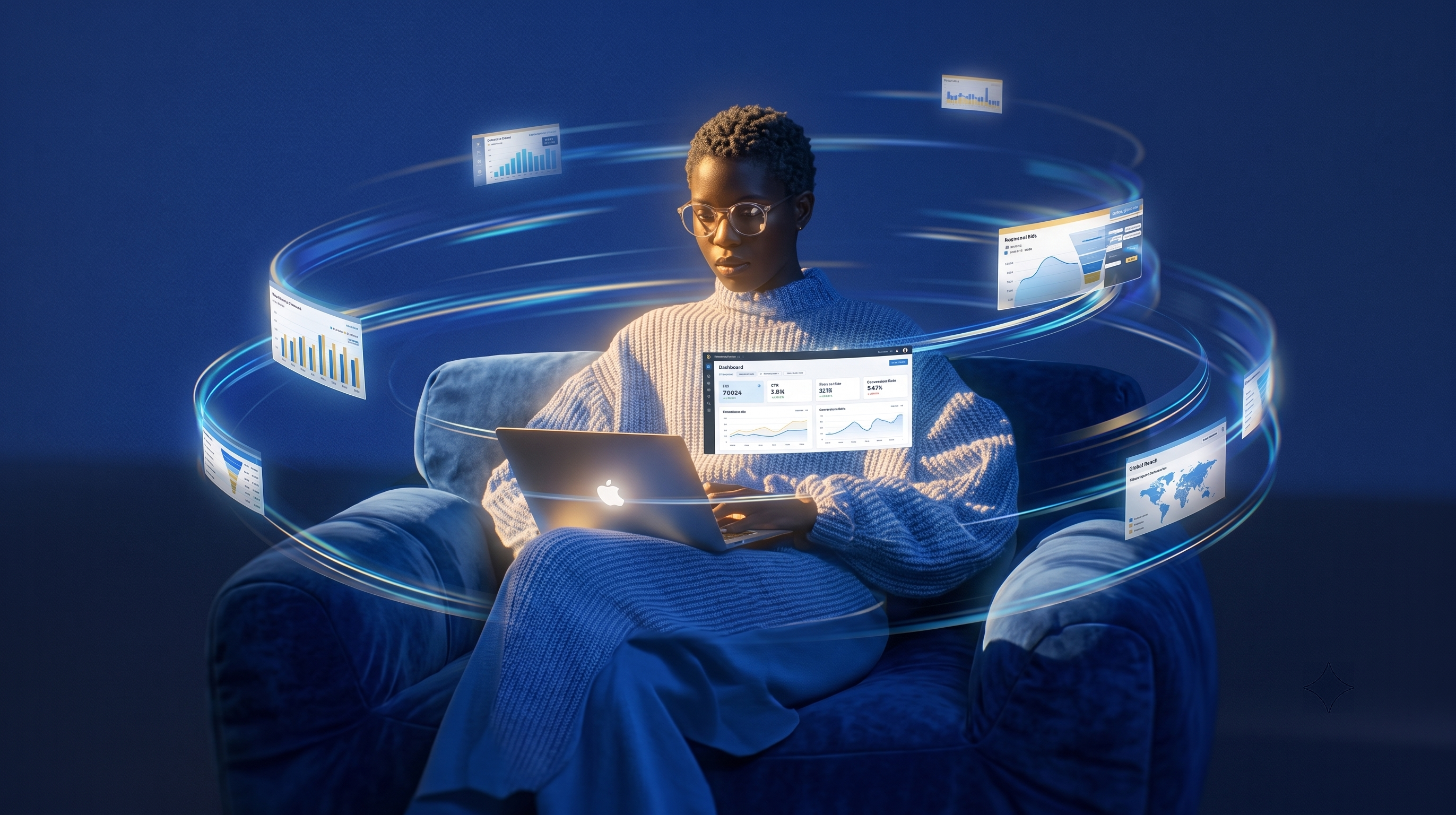 Marketer reviewing Google Ads campaign performance and reach dashboards on a laptop.