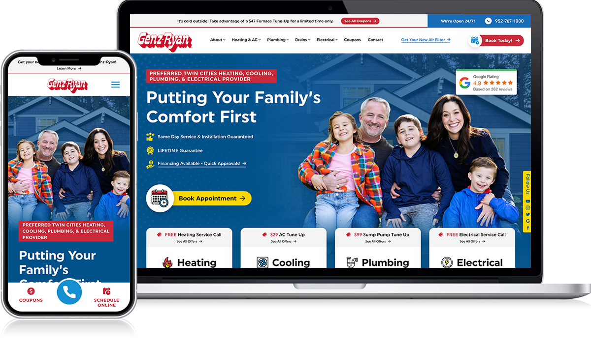 On the Contractor Growth website, both smartphone and laptop screens display the same cohesive digital lookbook featuring a vibrant image of a smiling family of five. The site prominently presents contractor-focused service messaging and clear lead-generation calls to action. A striking red "Book Appointment" button invites immediate action. Complementing these elements is a stylized house illustration that serves as the background.