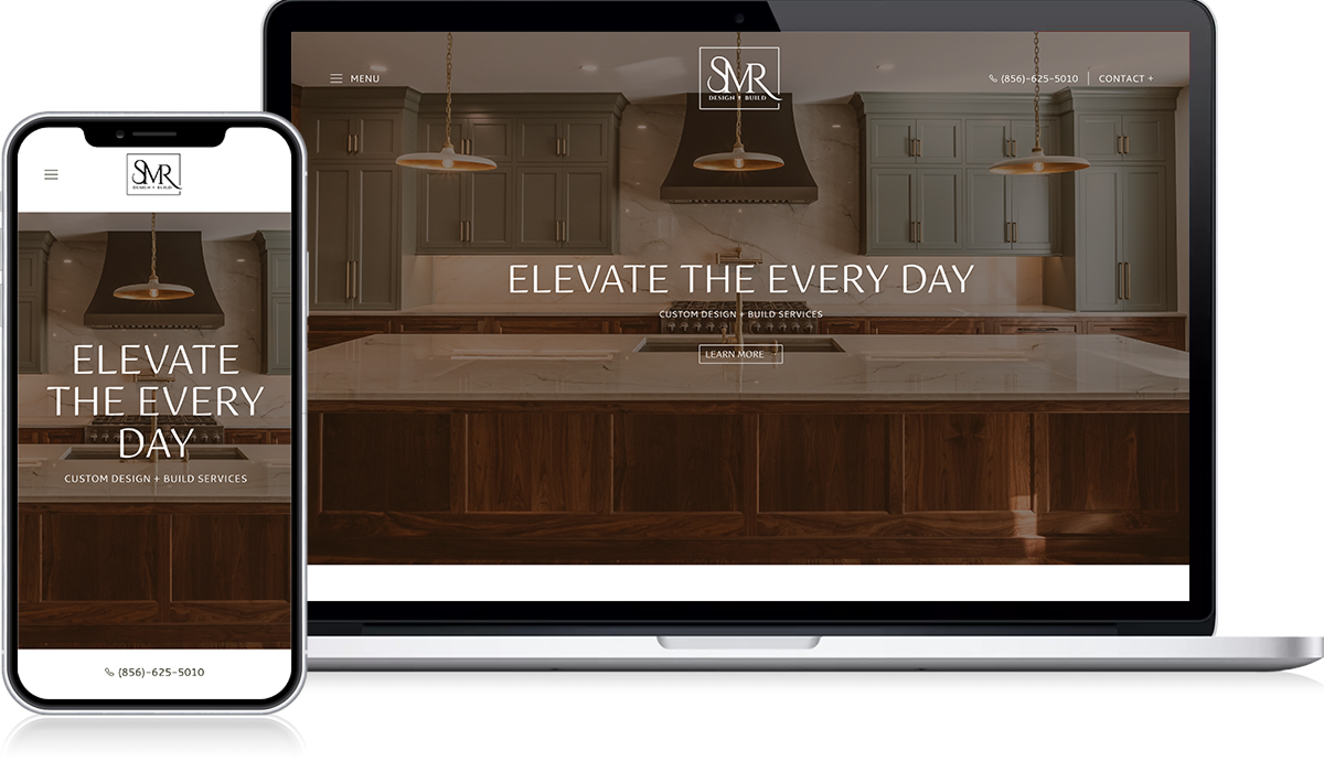 On the Contractor Growth website, the smartphone and laptop display the "SNR Custom Design + Build Services" website, featuring an image of a kitchen countertop. A digital lookbook encourages you to "Elevate the Every Day," with contact information prominently shown on both screens.