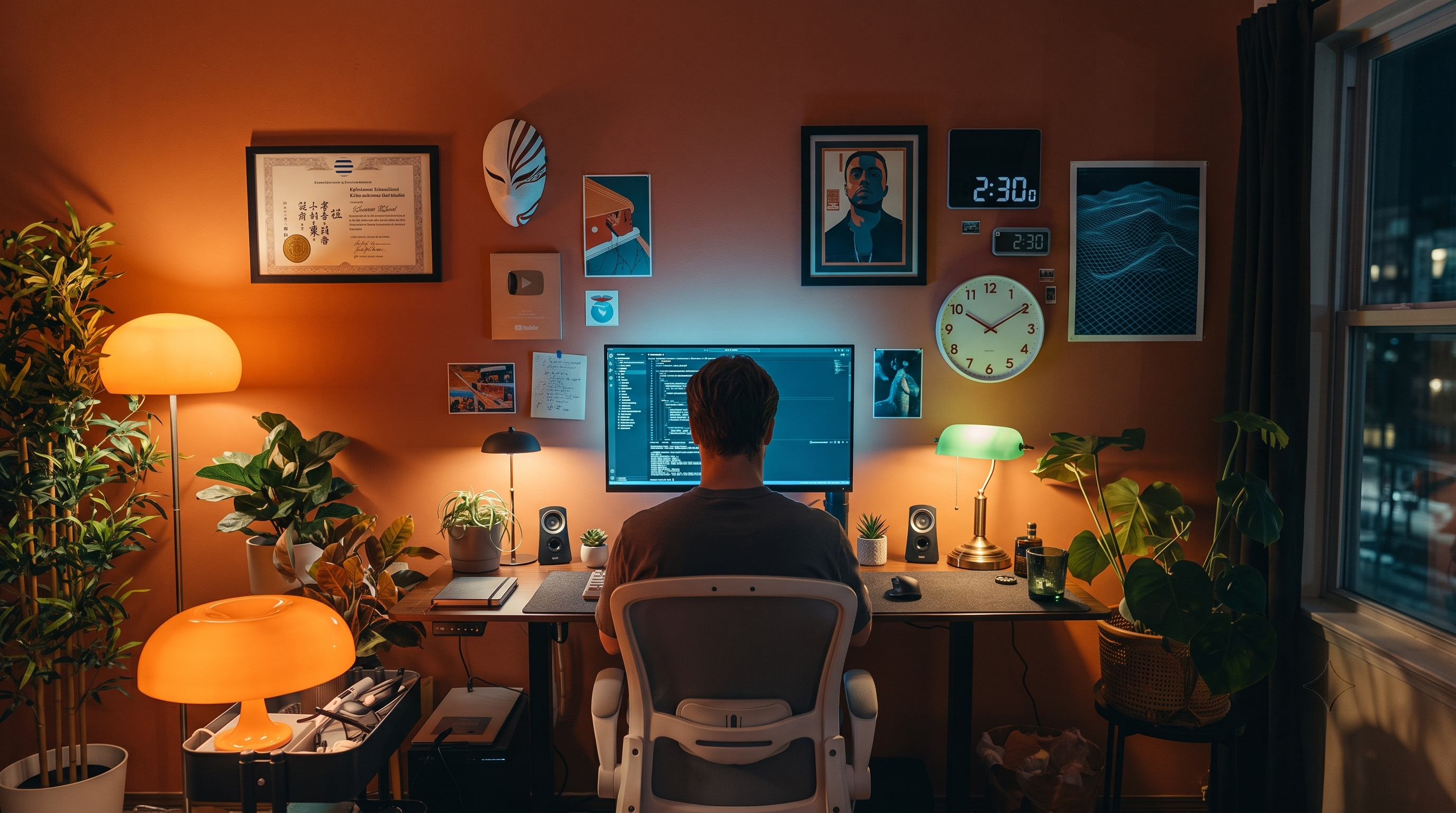 Desk setup showing SEO analytics and rankings dashboard on a monitor.