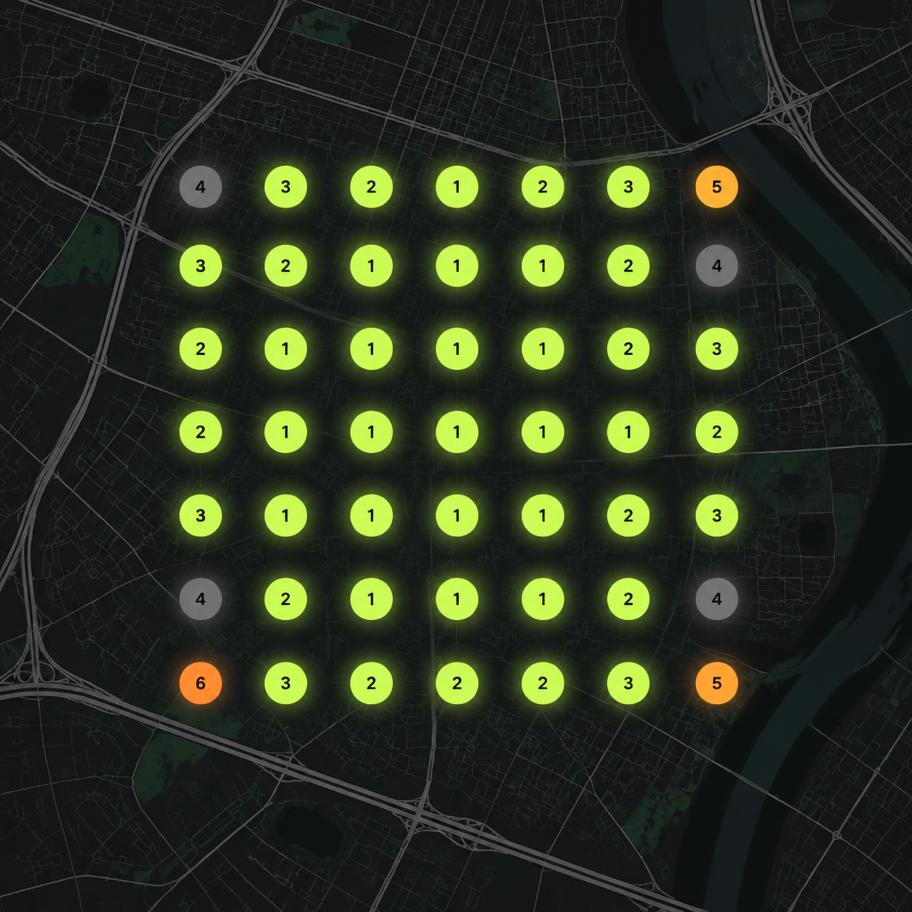 Local SEO map grid showing top-3 Google Maps rankings across a service area.