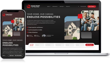 Displayed on a laptop and smartphone, the Home Front Builders websiteÃ¢â‚¬â€crafted by Tim BrownÃ¢â‚¬â€features images of a home and family. The site highlights construction and remodeling services, emphasizing limitless possibilities.