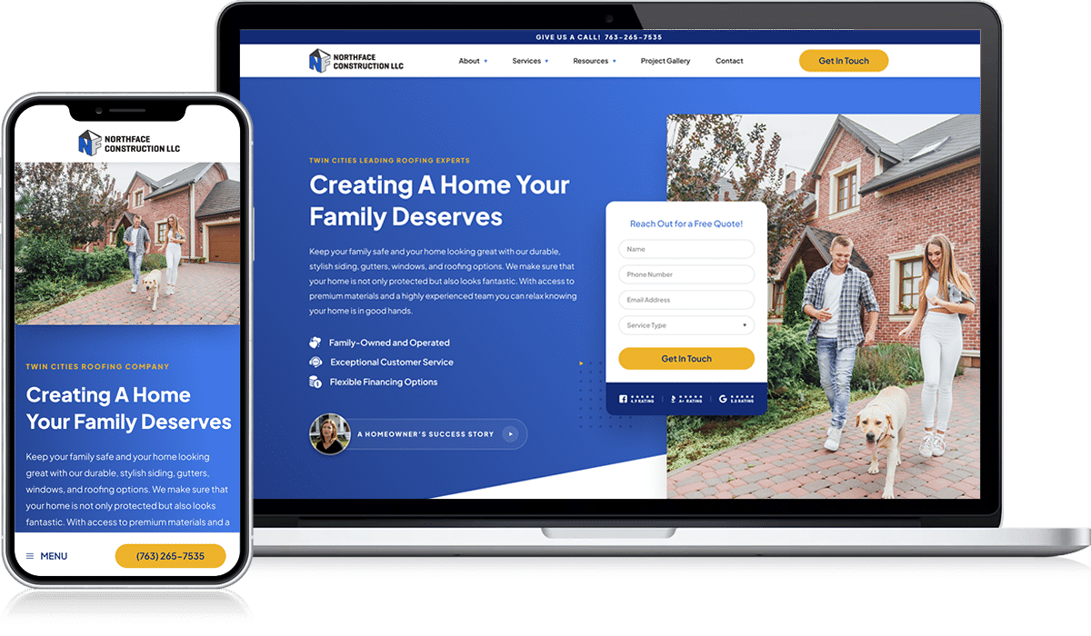 Explore a responsive website example for a contractors company, optimized for both smartphones and laptops with a welcoming family image, a clear contact form, and sections focused on affordability, security, and family ownership.